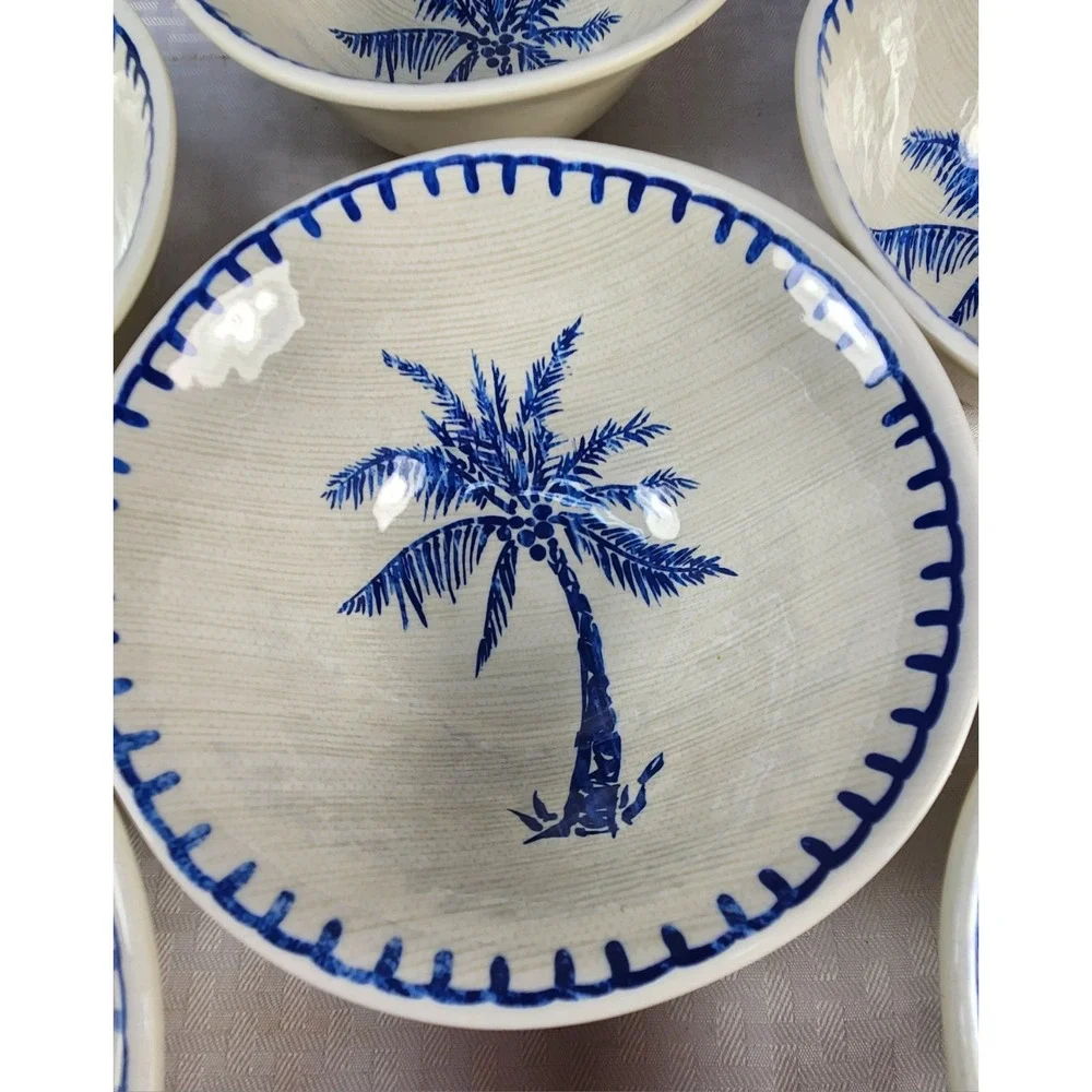 Member's Mark Cobalt Blue & White Palm Trees Deep Bowls Set Of 6 Melamine